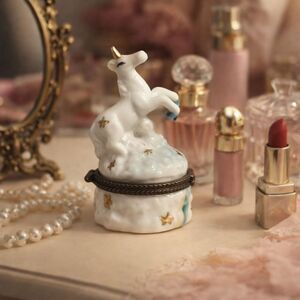 Vintage Porcelain Unicorn Trinket Box Gold Stars Hinged 3"
